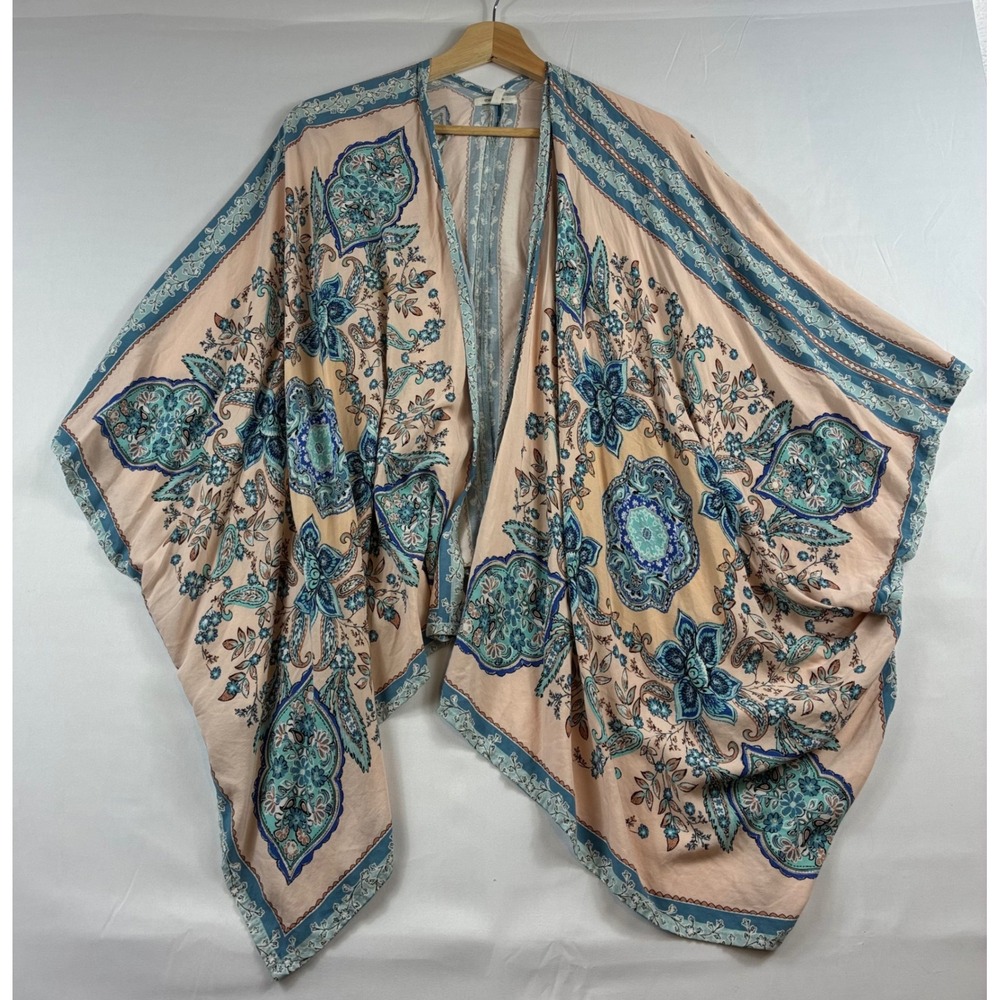 Maurices Kimono Wrap Womens L/XL Peach Blue Paisley Floral Boho Open Cardigan
